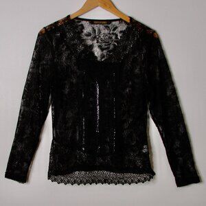 Y2K Black Lace Sheer Blouse Top Goth Fairy Whimsigoth Beads Long Sleeve Large